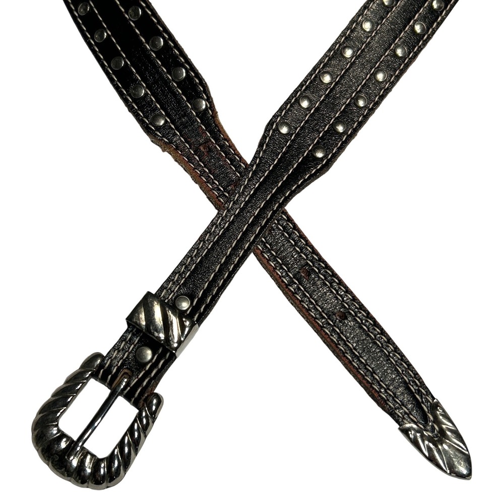 VTG Western Black Leather Studded Belt Silver Engraved Buckle 33"-37" Cowgirl